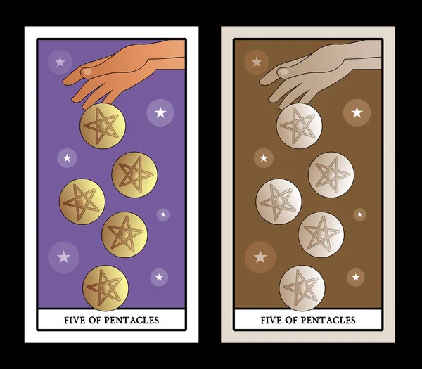 Fünf Fünflinge Tarotkarten Hand Lässt Fünf Goldene Fünflinge Auf Wolkenhintergrund — Stockvektor
