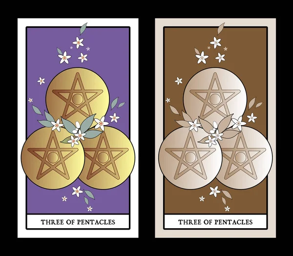 Trois Pentacles Des Cartes Tarot Trois Pentacles Dorés Entourés Fleurs — Image vectorielle