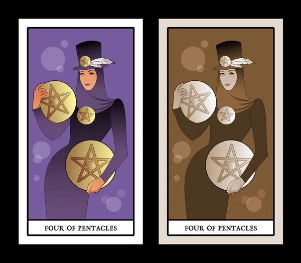 四つの五角形 タロットカードだ 美しくエレガントな豊かな女性は 羽と4つの黄金の五角形の帽子をかぶって — ストックベクタ