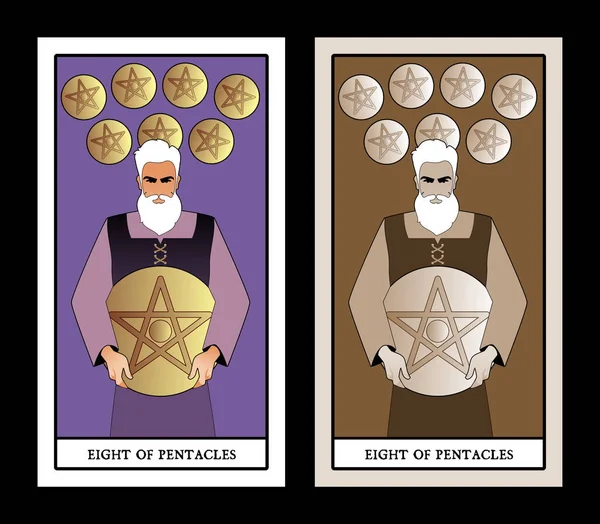 Ocho Pentáculos Tarjetas Del Tarot Artesano Mostrando Resultado Trabajo Ocho — Vector de stock