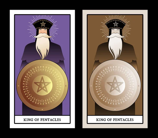 王冠と長い髭を持つペンタクルの王は 中央にペンタクルのシンボルと黄金の盾を保持しています 金の王だ 小型アルカナタロットカード — ストックベクタ