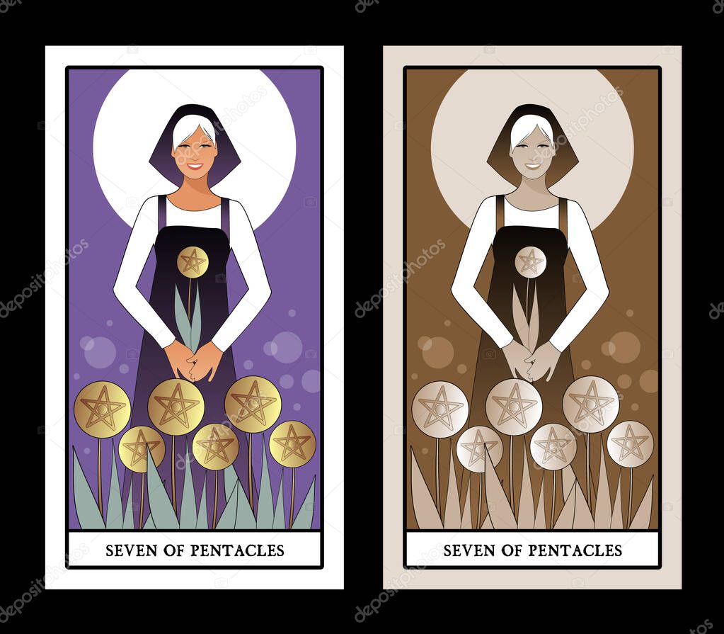 Seven of pentacles. Tarot cards. Beautiful worker collecting a harvest of seven golden pentacles