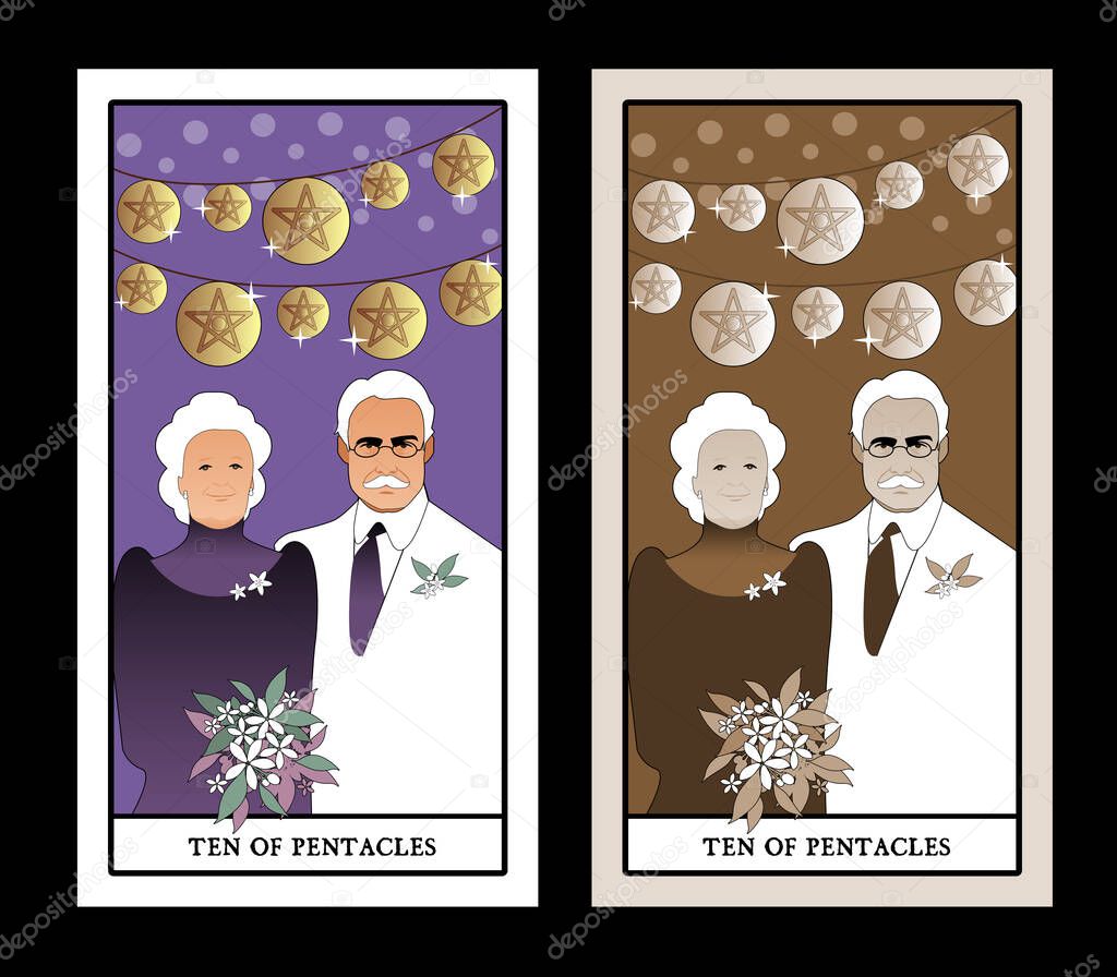 Ten of pentacles. Tarot cards. Elegant and happy elderly couple, under bright lights and ten golden pentacles	