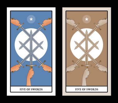 Five of swords. Crossing five swords on a symbolic image of the sun clipart