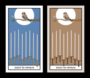 Kılıç sekizlisi. Tarot kartları. Sekiz kılıçlı bir kuş.