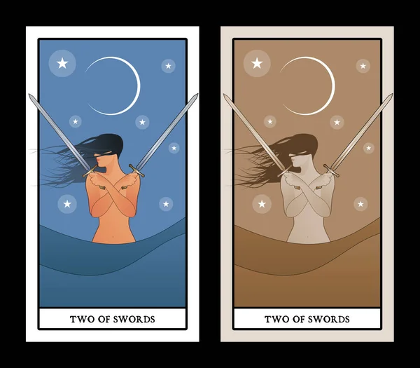 Two Swords Tarot Cards Wind Haired Woman Two Swords Crossed — Vetor de Stock