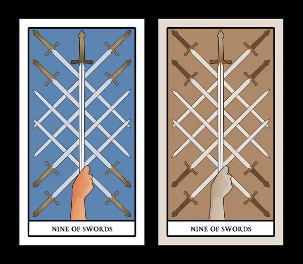 Nine of swords. Tarot cards. Eight crossed swords and a hand grasping a  sword tip Stock Vector