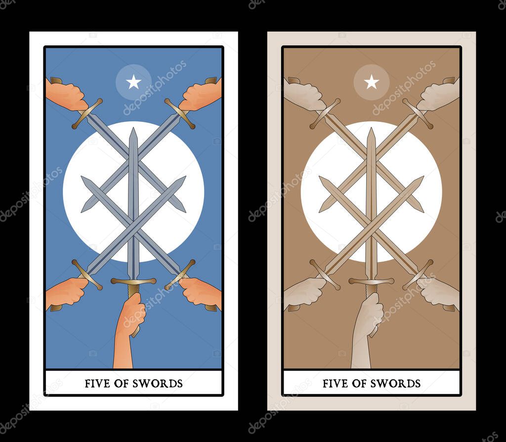 Five of swords. Crossing five swords on a symbolic image of the sun