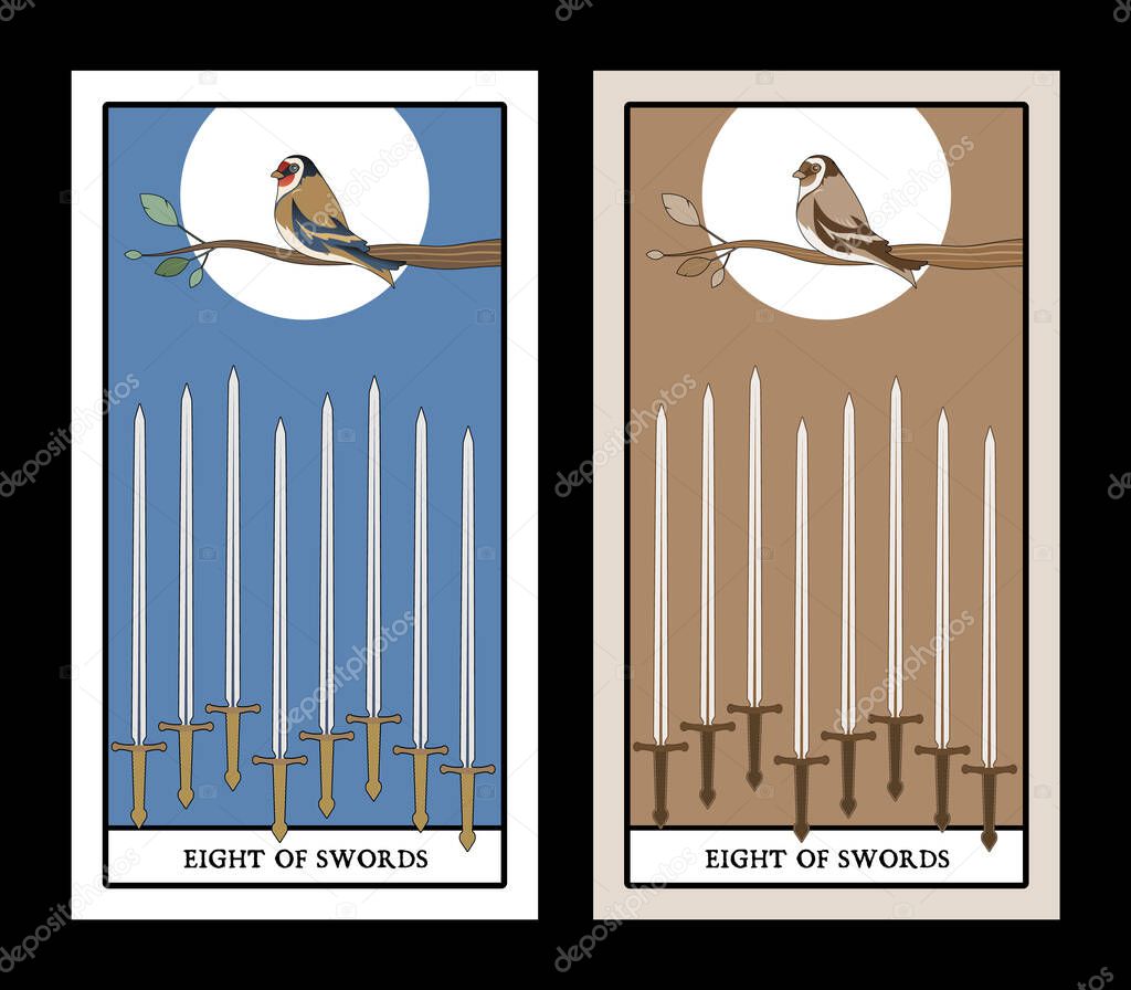 Eight of swords. Tarot cards. Bird on a branch on eight swords
