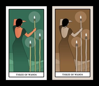 Asa üçlüsü. Tarot kartları. Sırtüstü yatmış, başka tarafa bakıyor, denizde elinde üç tane meşale ile.