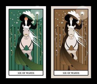 Six of wands. Tarot cards. Elegant lady on horseback, holding a wand with a luminous star and flanked by five wands surrounded by flowers and leaves clipart