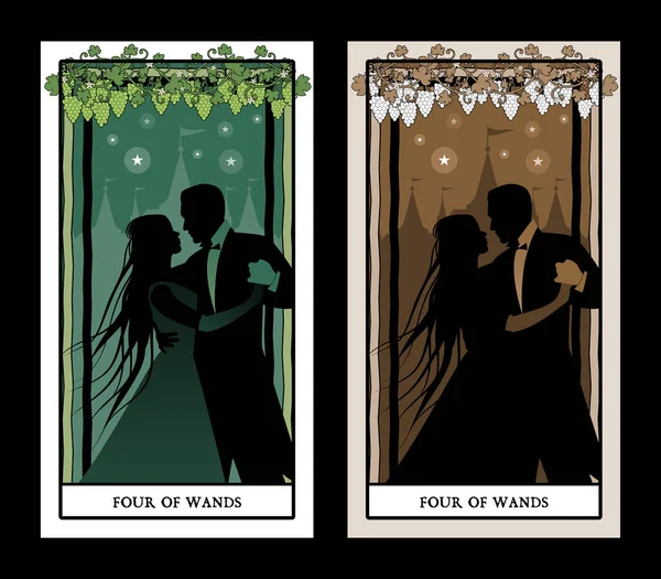 Vier Stäbe Tarotkarten Silhouette Eines Jungen Paares Das Unter Weinreben — Stockvektor