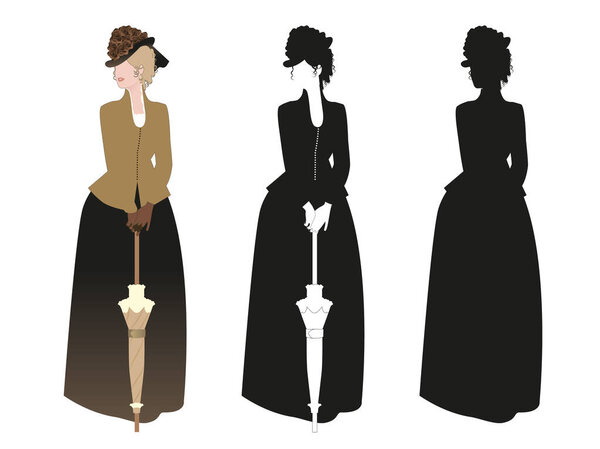 Красивая женщина в стиле XIX века в шляпе с цветами и зонтиком на белом фоне