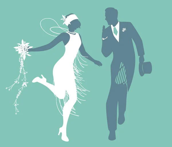 Смішна Весільна Пара Одягнена Старовинний Стиль Весільний Одяг Танцює Ретро — стоковий вектор