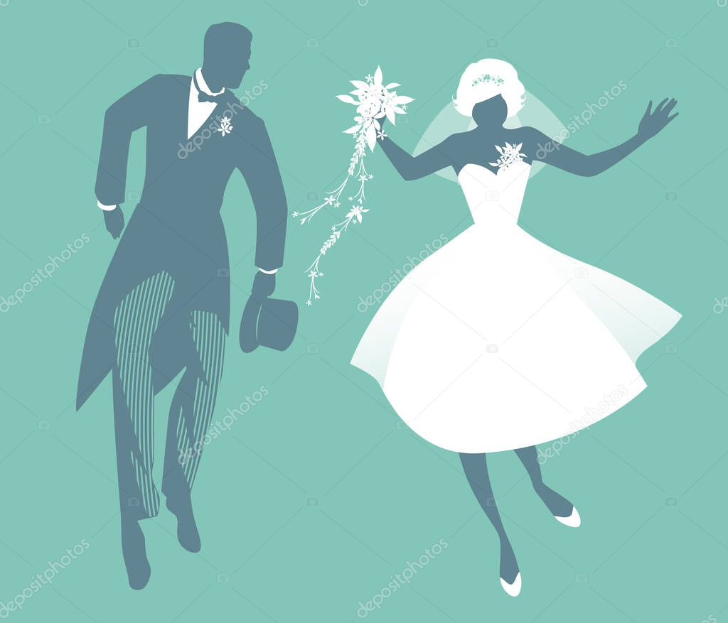 Funny wedding couple dressed vintage style wedding clothes dancing in retro style