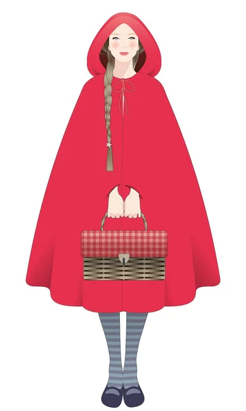 Little Red Riding Hood Braids Hairstyle Holding Basket Isolated White — Stock Vector