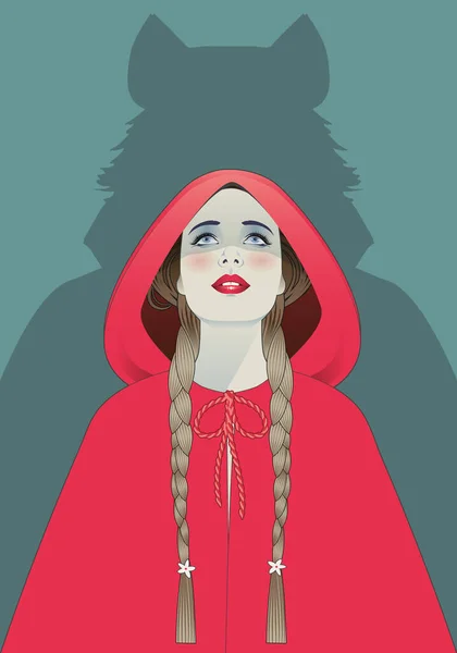 Beautiful Little Red Riding Hood Braids Hair Style Looking Shadow — Stock Vector