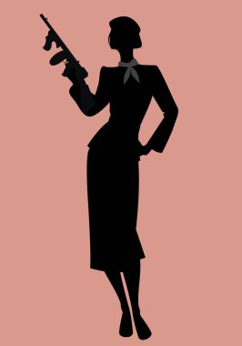 1920 'li ya da 1930' lu yılların modası geçmiş, bereli ve hafif makineli tüfekli bir kadının zarif silueti.