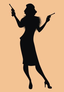 Zarif siluet bir bayan retro stili, zarif kıyafetler giyiyor ve silahlı. Klasik kara film tarzı.. 