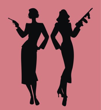 Zarif siluetler, iki bayan retro tarzı, şık kıyafetler giyiyorlar ve hafif makineli ve silahlı. Klasik kara film tarzı.. 