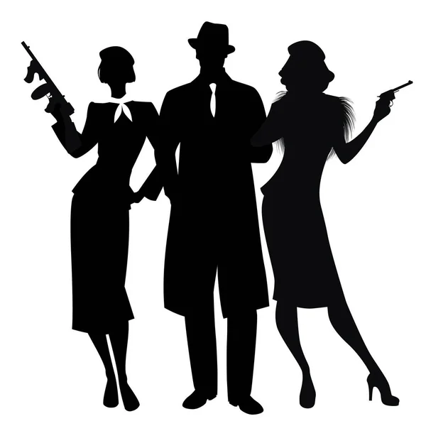 Silhouettes Élégant Trio Criminel Style Rétro Armé Pistolet Une Mitrailleuse — Image vectorielle