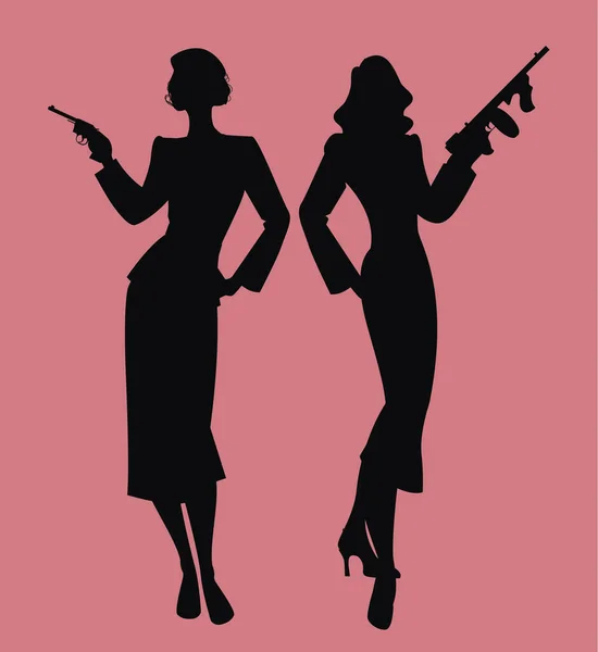 两位女士优雅的轮廓复古风格 穿着雅致的衣服 手持冲锋枪和冲锋枪 经典黑片风格 — 图库矢量图片