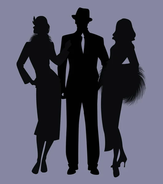 Elegant Isolated Silhouettes Ladies Gentlemen Wearing Classic Film Noir Style — Stock Vector