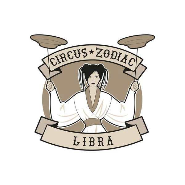 Zodiac Circus Embleem Weegbord Oosters Meisje Jongleren Gerechten Een Paal — Stockvector