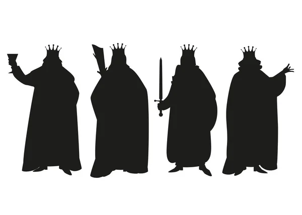Siluety Čtyř Králů Oblečených Starodávných Šatech Korunách Izolovaných Bílém Pozadí — Stockový vektor