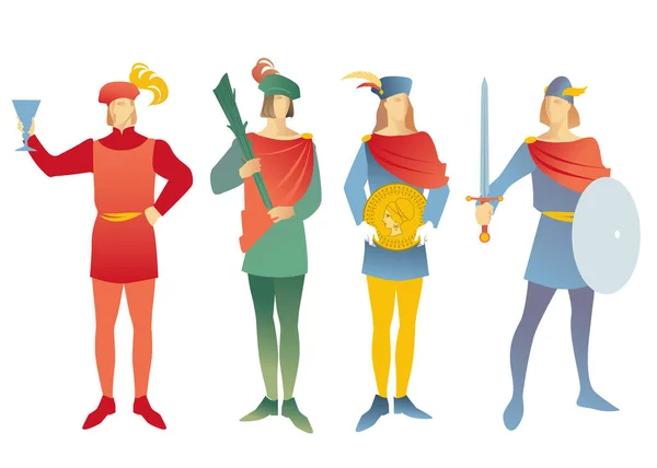 Τέσσερις Νεαροί Άνδρες Ντυμένοι Τον Παλιό Μεσαιωνικό Τρόπο Κουβαλώντας Ραβδιά — Διανυσματικό Αρχείο