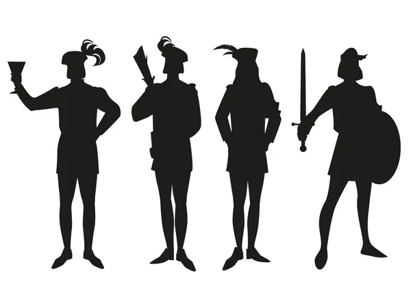 Siluetas Cuatro Hombres Vestidos Viejo Estilo Medieval Aislados Sobre Fondo — Vector de stock