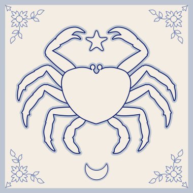 Resimli seramik fayans. Süslü bir çerçevede yengeç, ay ve yıldızlar. Ortaçağ tarzı. 