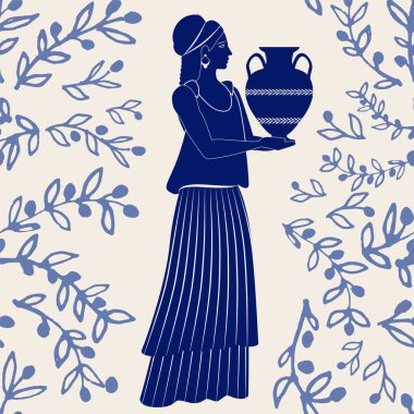 Resimli seramik fayans. Antik Yunan kızı arka planda bir amforo ve zeytin dalı taşıyor