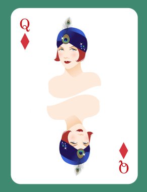 Queen of Diamonds. Beautiful lady wearing Belle Epoque style headdress, adorned with peacock feathers.	