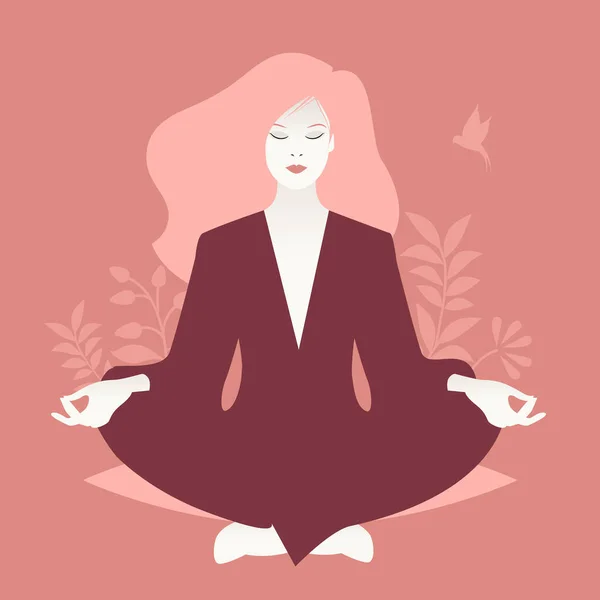 Doğulu Kız Lotus Pozisyonunda Oturuyor Meditasyon Yapıyor Rahatlıyor Yapraklarla Çiçeklerle — Stok Vektör