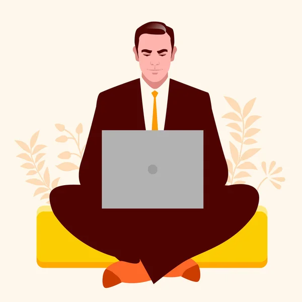 Uomo Affari Seduto Posizione Loto Che Lavora Laptop Calmo Rilassato — Vettoriale Stock