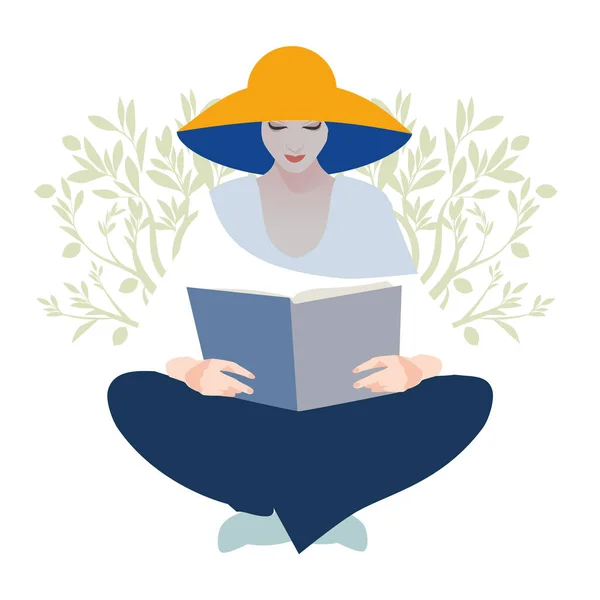 Женщина Шляпе Читает Книгу Сидит Расслабленной Летней Атмосфере Оливковые Ветви — стоковый вектор
