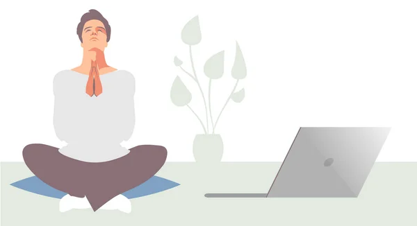 Fiatal Üzletember Lótuszpózban Meditál Laptopja Mellett Nyugodt Légkörben Növényekkel Háttérben — Stock Vector