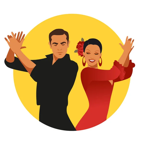 Deux Danseurs Flamenco Espagnols Qui Applaudissent Cercle Jaune Sur Fond — Image vectorielle