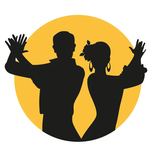 Couple Spanish Flamenco Dancers Silhouettes Playing Clapping Yellow Circle White — Stock Vector
