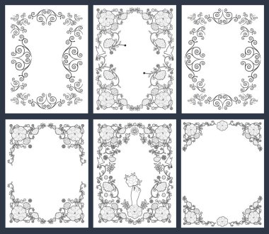 Altı süslemeli eski çerçeve. Antika ve antika tarzı. Çiçek ve kuş resimleri. Vektör İllüstrasyonu