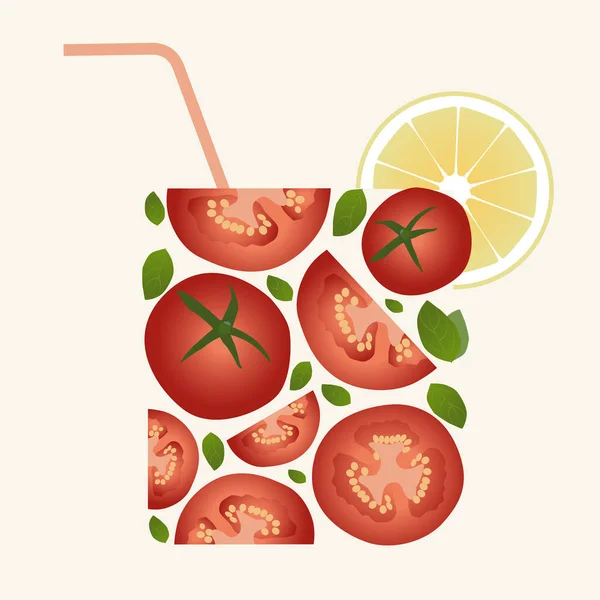 Tomatjuice Eller Cocktail Tomatskivor Och Basilikablad Isolerade Vit Bakgrund — Stock vektor