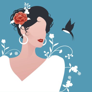 Elegant Spanish woman wearing earrings, flowers in her hair and little swallow on flowery blue background