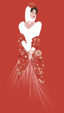 Elegant Spanish woman with headscarf, flowers and fringed Manila shawl. Typical costume of Madrid