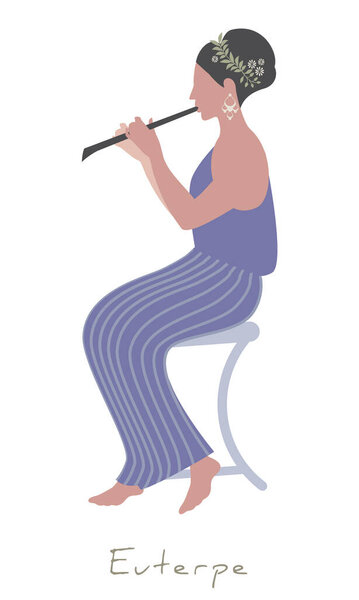 Girl wearing flowers and leaves in her hair, dressed in the ancient Greek style, playing the flute. Greek mythology. Muse Euterpe. Isolated on white background.