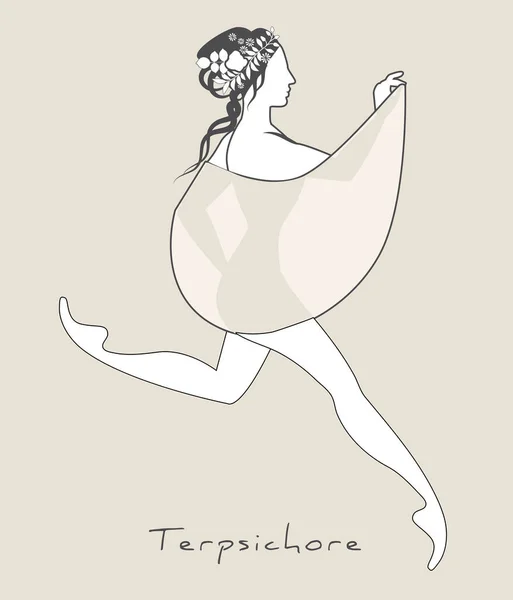 头发上长着花的女孩 戴着面纱跳舞 希腊神话 Muse Terpsichore 因白人背景而被隔离 — 图库矢量图片