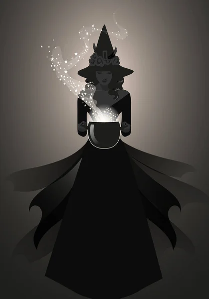 Beautiful Witch Wearing Hat Black Dress Holding Magic Cauldron Casting — Stock Vector