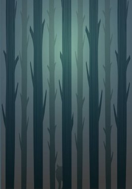 Arka planda ağaç gövdeleri ve kurtlardan oluşan kış manzarası.