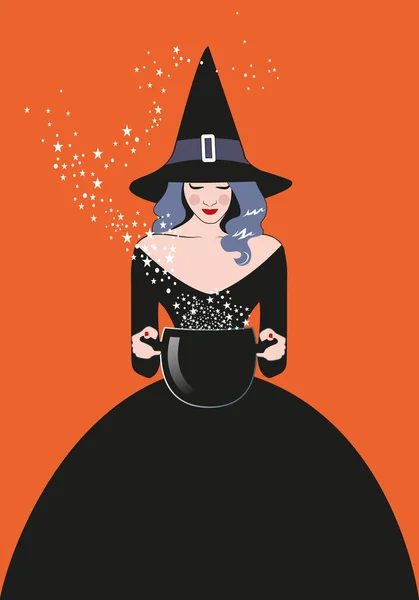Belle Sorcière Portant Chapeau Robe Noire Tenant Chaudron Magique Jetant — Image vectorielle