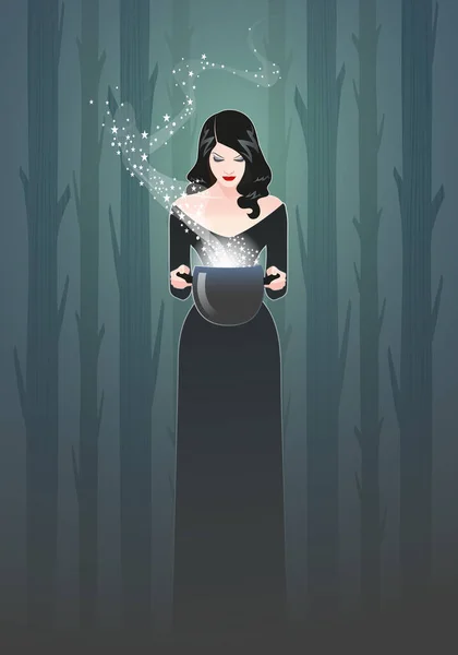 Beautiful Retro Styled Woman Holding Magic Cauldron Witch Casting Spell — Stock Vector